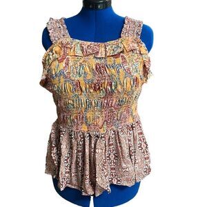 ROMANTIC GYPSY Tank Top Red Blue White Orange Smocked Bodice Sleeveless Size 1X